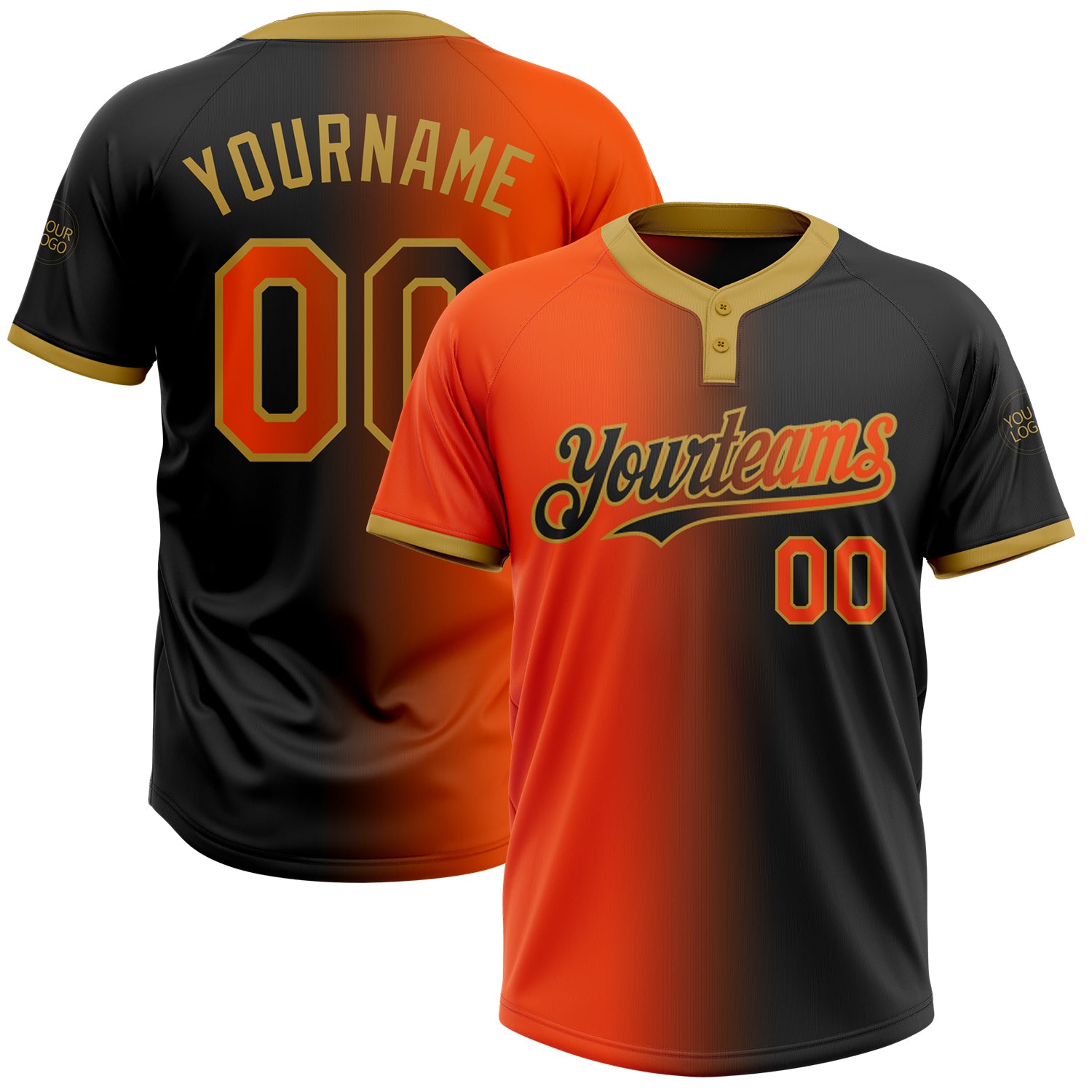 Personalized Gradient Black Orange Old Gold Softball Jersey Unisex Two-Button Fashion Personalized Black Orange-Old Gold