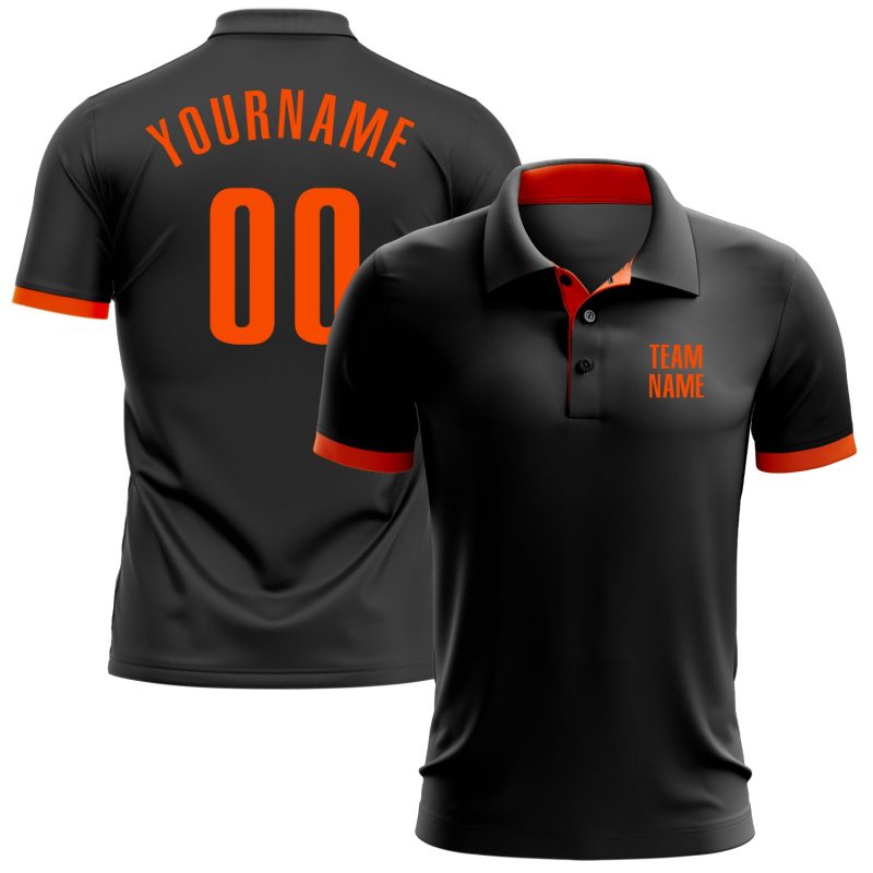 Custom Black Orange Golf Polo Shirt with Personalized Name and Number - Performance Team Apparel Personalized Black Orange