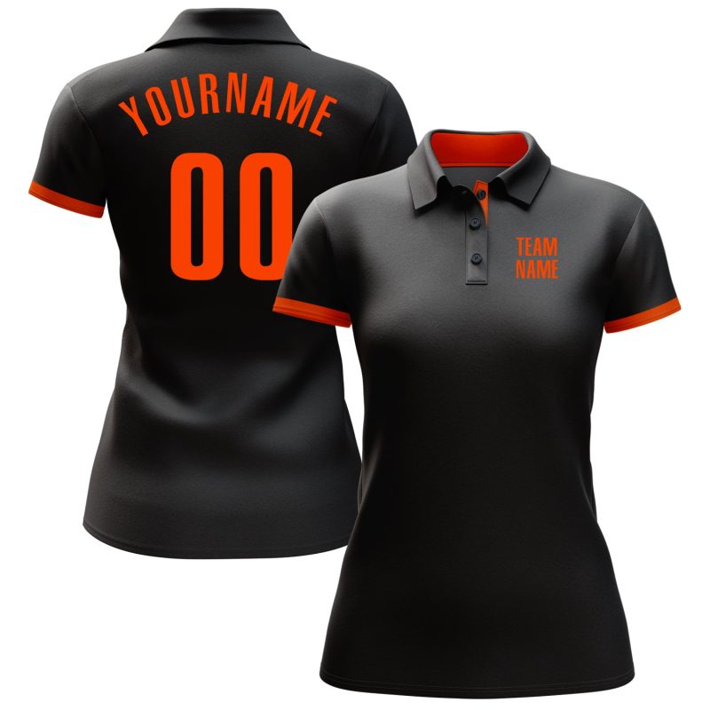 Custom Black Orange Golf Polo Shirt with Personalized Name and Number - Performance Team Apparel Personalized Black Orange