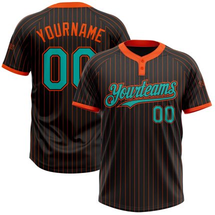 Personalized Unisex Softball Jersey Black Orange Pinstripe Aqua Two-Button Design Personalized Black Orange Pinstripe Aqua