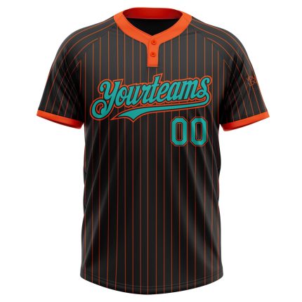 Personalized Unisex Softball Jersey Black Orange Pinstripe Aqua Two-Button Design Personalized Black Orange Pinstripe Aqua