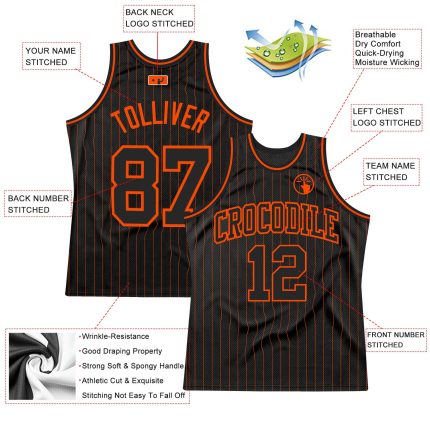 Custom Black Orange Basketball Jersey with Personalized Name and Number - Authentic Team Pinstripe Design Personalized Black