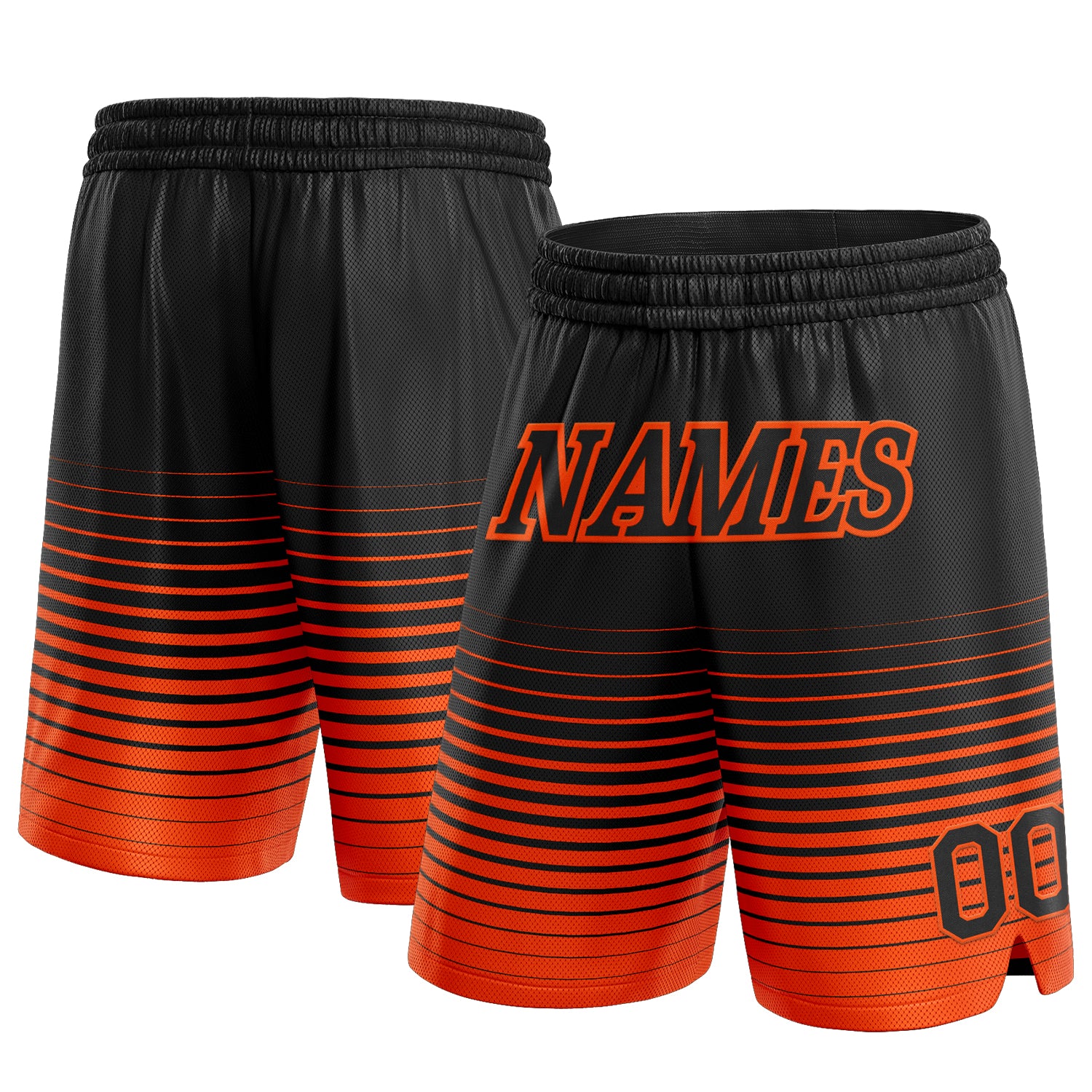 Custom Team Name and Number Basketball Shorts - Personalized Black Orange Pinstripe Fade Fashion Design Personalized Black