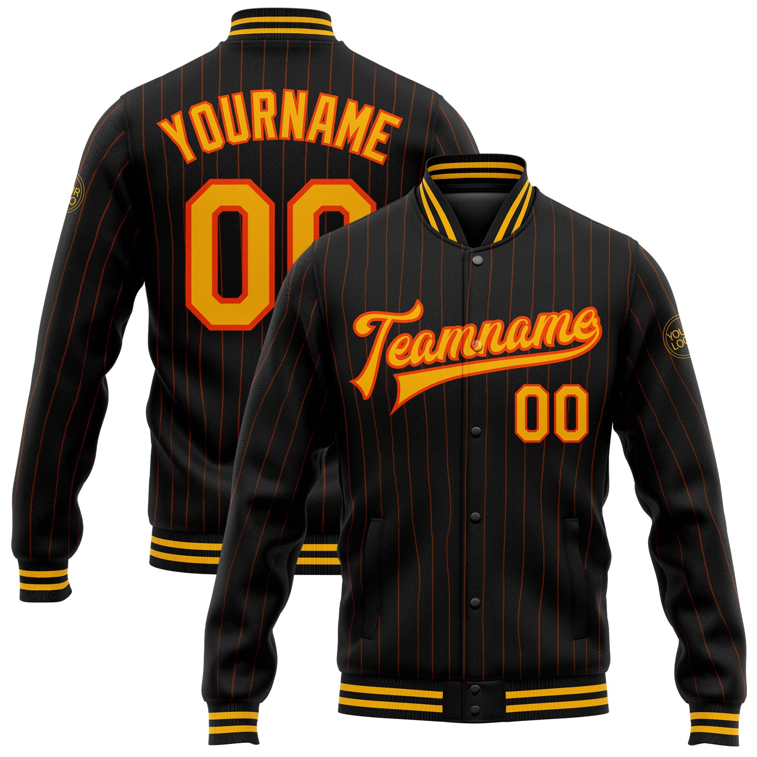 Custom Black Orange Pinstripe Gold Varsity Bomber Letterman Jacket Full-Snap Personalized Black Orange Pinstripe Gold Bomber