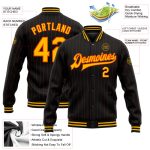 Custom Team Name Number Bomber Jacket Black Orange Pinstripe Gold Full-Snap Varsity Letterman Jacket Personalized Black Orange