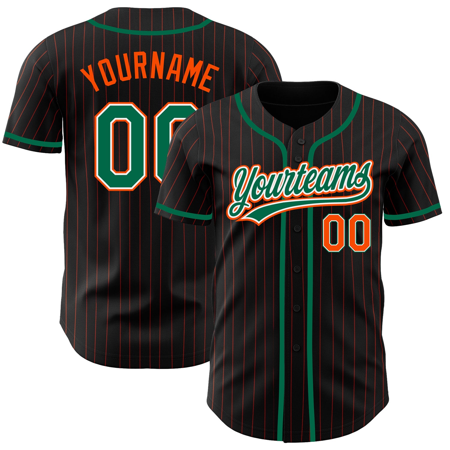 Personalized Black Orange Pinstripe Baseball Jersey - Kelly Green White Design Personalized Black Orange Pinstripe Kelly