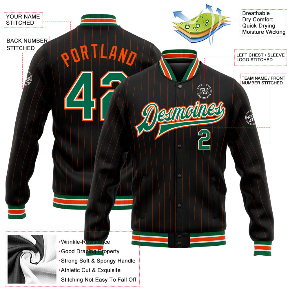 Personalized Varsity Jacket Black Orange Pinstripe Full-Snap Kelly Green White Bomber for Men and Women Personalized Black - Image 5