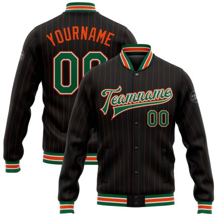 Personalized Varsity Jacket Black Orange Pinstripe Full-Snap Kelly Green White Bomber for Men and Women Personalized Black