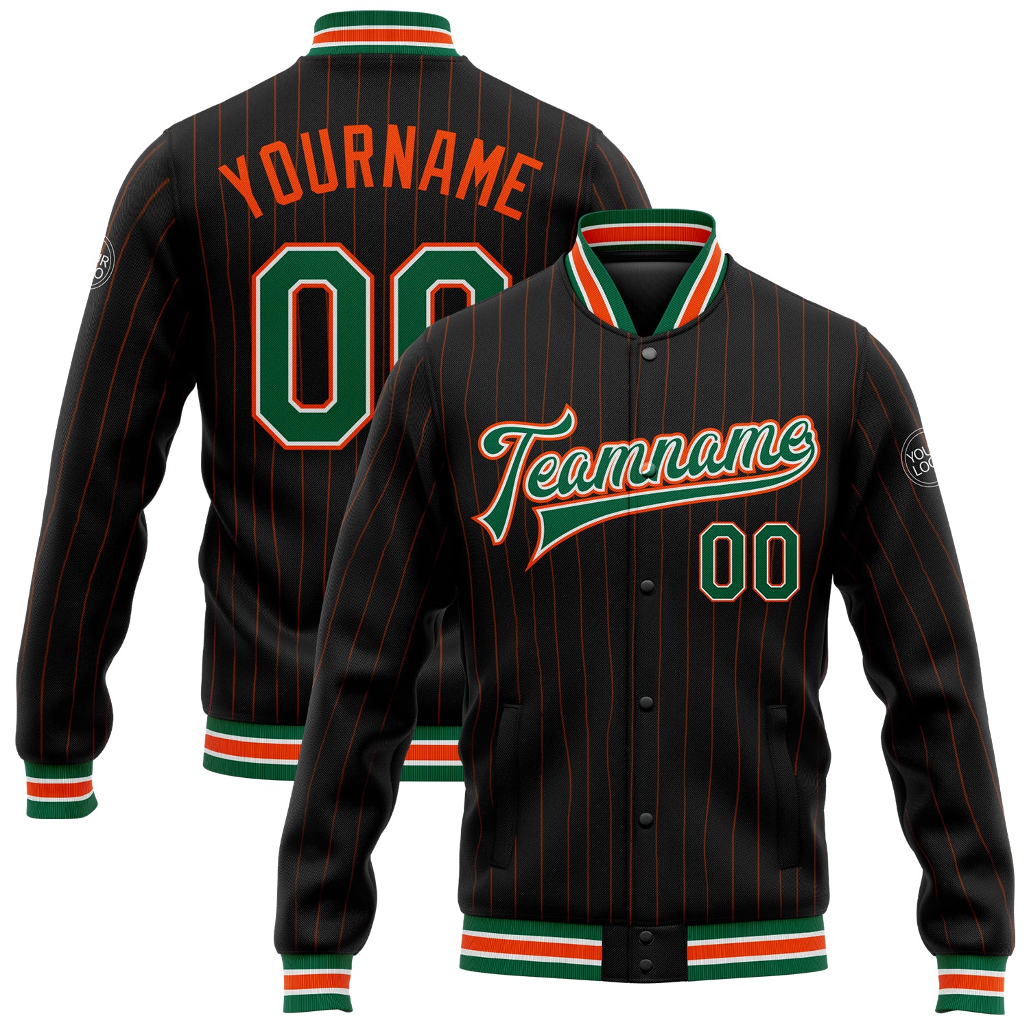 Custom Name Number Black Orange Pinstripe Bomber Varsity Letterman Jacket - Kelly Green White Full-Snap Style Personalized