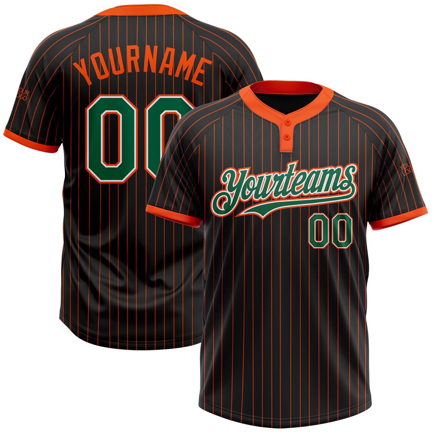 Personalized Softball Jersey Unisex Black Orange Pinstripe Kelly Green White Two-Button Personalized Black Orange Pinstripe