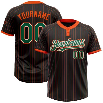 Custom Name and Number Unisex Softball Jersey - Personalized Black Orange Pinstripe with Kelly Green-White, Two-Button Design