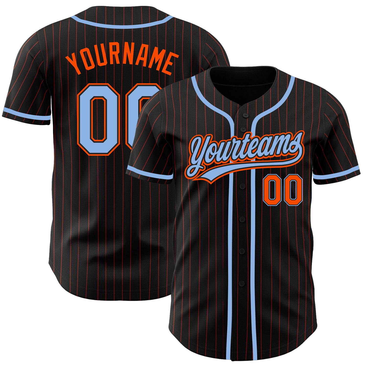 Personalized Baseball Jersey Black Orange Pinstripe Light Blue for Men & Women Personalized Black Orange Pinstripe Light