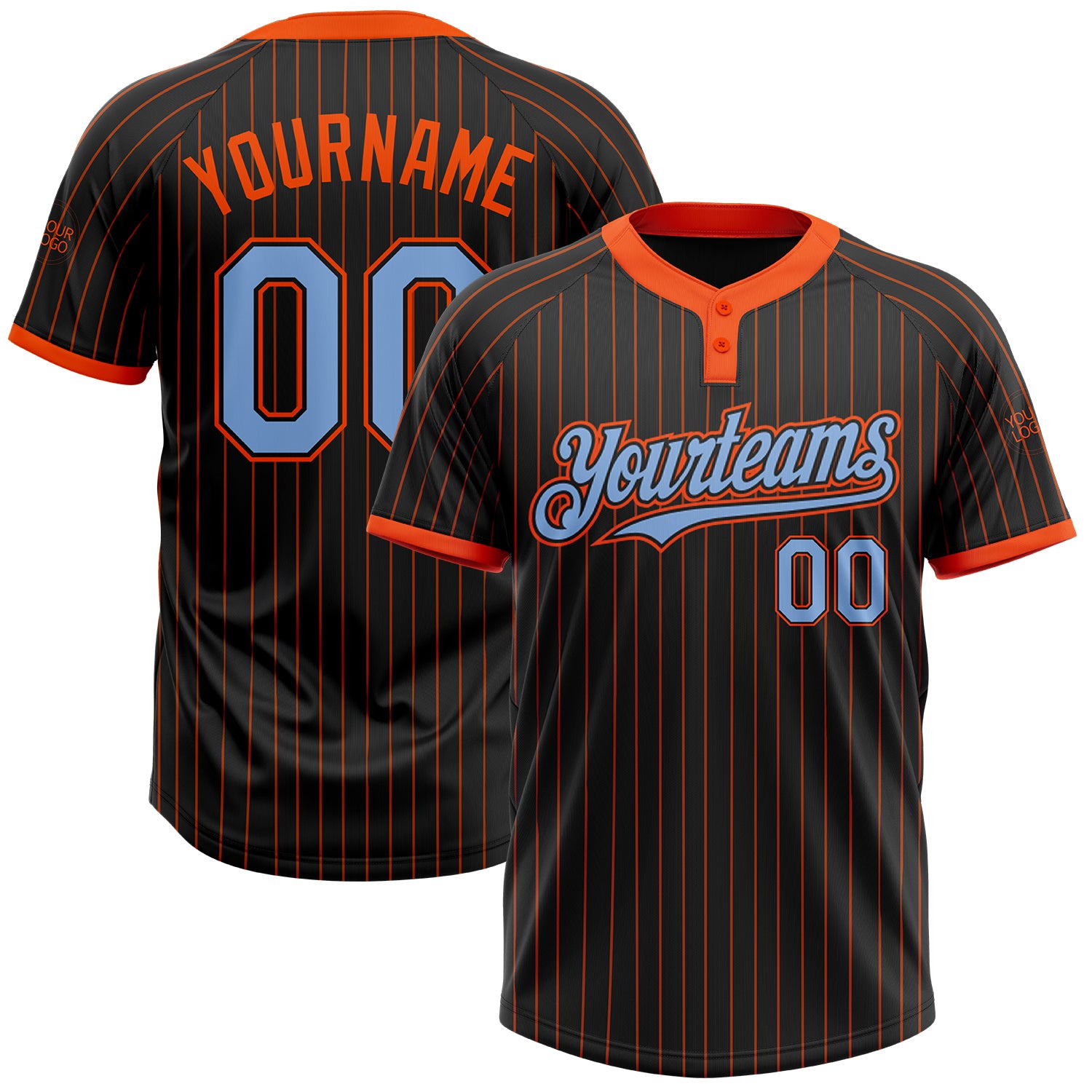 Personalized Two-Button Softball Jersey Black Orange Pinstripe Light Blue Unisex Personalized Black Orange Pinstripe Light