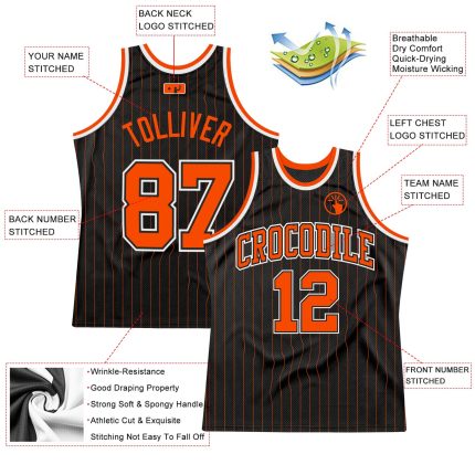 Custom Personalized Black and Orange Pinstripe Basketball Jersey - Team Name and Number Personalized Black Orange Pinstripe