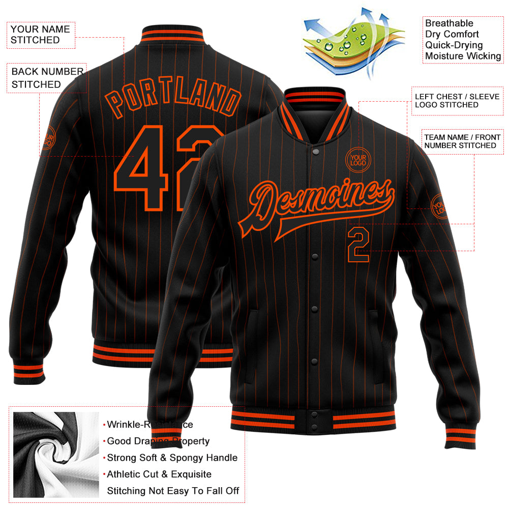 Personalized Black Orange Pinstripe Orange Bomber Full-Snap Varsity Letterman Jacket Personalized Black and Orange Pinstripe Varsity Letterman Bomber Jacket Personalized Black Orange Pinstripe Orange Bomber - Image 5
