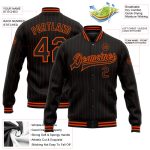 Custom Name and Number Black Orange Pinstripe Bomber Varsity Letterman Jacket - Personalized Full-Snap Jacket Personalized