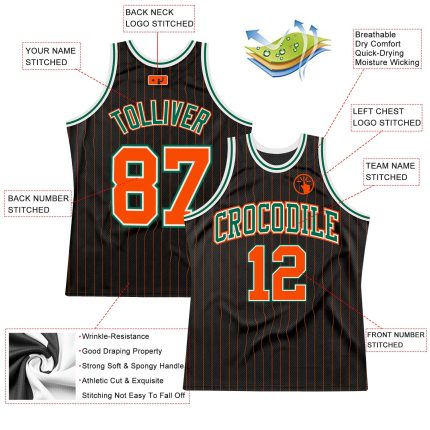 Personalized Black Orange Pinstripe Basketball Jersey - Green Accents Personalized Black Orange Pinstripe Orange-Kelly Green