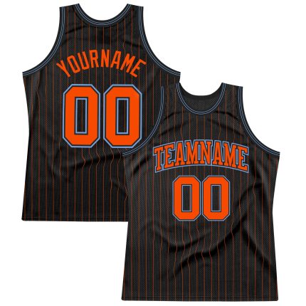 Custom Basketball Jersey - Personalized Black and Orange Pinstripe with Light Blue, Custom Name and Number Personalized Black