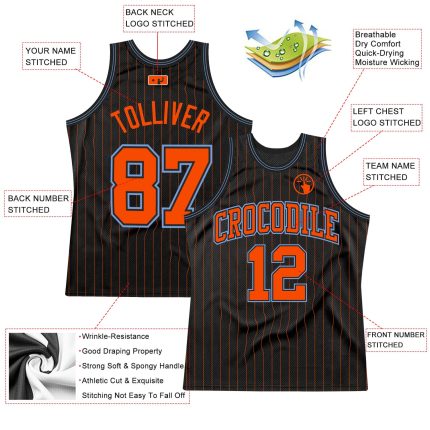 Custom Basketball Jersey - Personalized Black and Orange Pinstripe with Light Blue, Custom Name and Number Personalized Black
