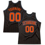Personalized Black and Orange Pinstripe Basketball Jersey - Light Blue Trim Personalized Black Orange Pinstripe Orange-Light