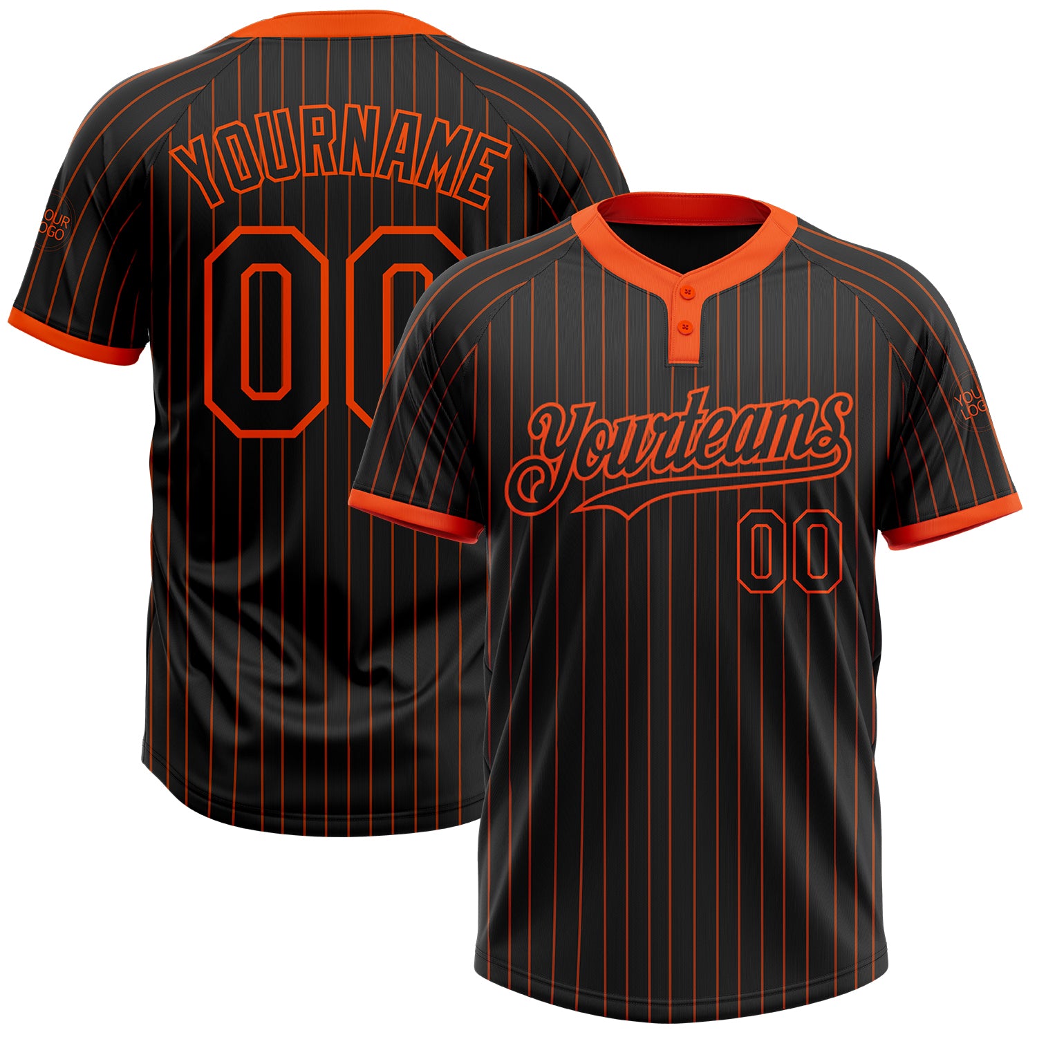 Custom Name and Number Black Orange Pinstripe Two-Button Unisex Softball Jersey - Personalized Team Apparel Personalized