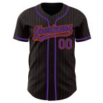 Custom black, orange and purple pinstripe baseball jersey, back view