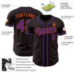 Custom black, orange and purple pinstripe baseball jersey, detail of the printed panel