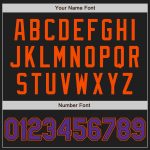 Custom black, orange and purple pinstripe baseball jersey, flat lay