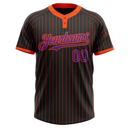 Personalized Black Orange Pinstripe Two-Button Unisex Softball Jersey in Purple Personalized Black Orange Pinstripe Purple