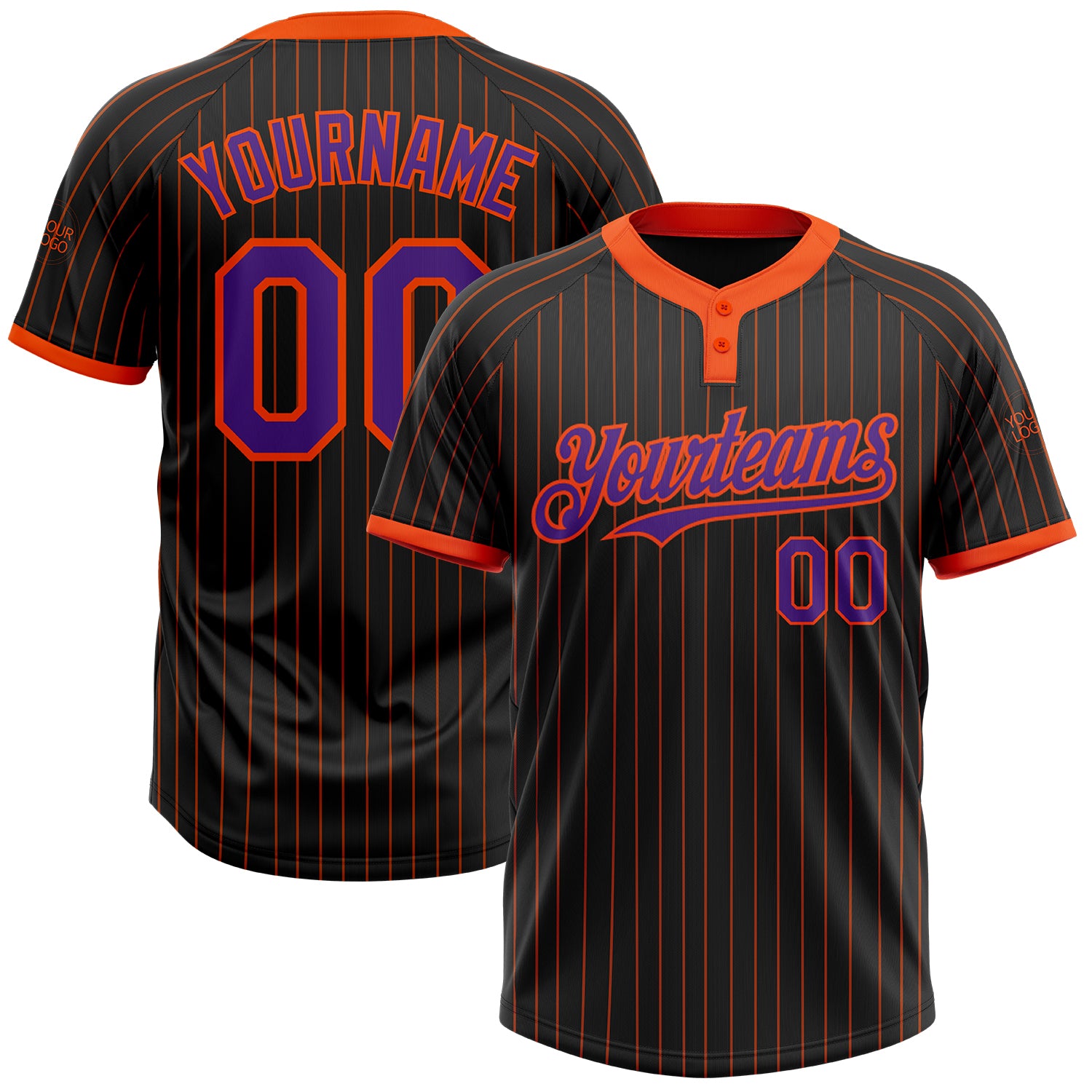 Personalized Black Orange Pinstripe Two-Button Unisex Softball Jersey in Purple Personalized Black Orange Pinstripe Purple