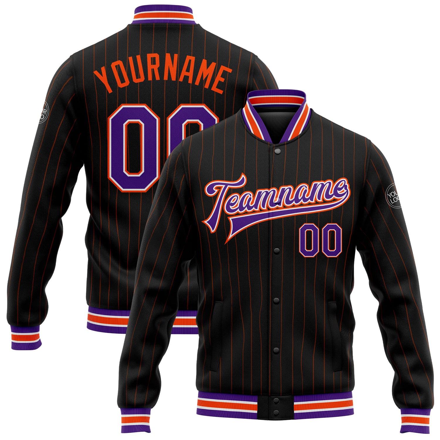 Personalized Black and Orange Pinstripe Varsity Jacket Full-Snap Bomber Letterman Personalized Black Orange Pinstripe Purple-White