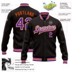 Custom Name Number Black Orange Pinstripe Varsity Letterman Bomber Jacket - Personalized Full-Snap Jacket Personalized Black