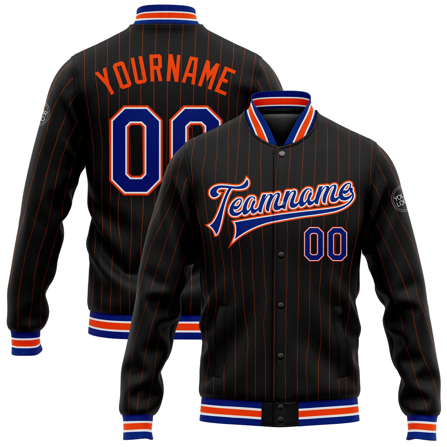 Custom Name Number Varsity Jacket Black Orange Pinstripe Royal White Bomber Full-Snap Letterman Personalized Black Orange