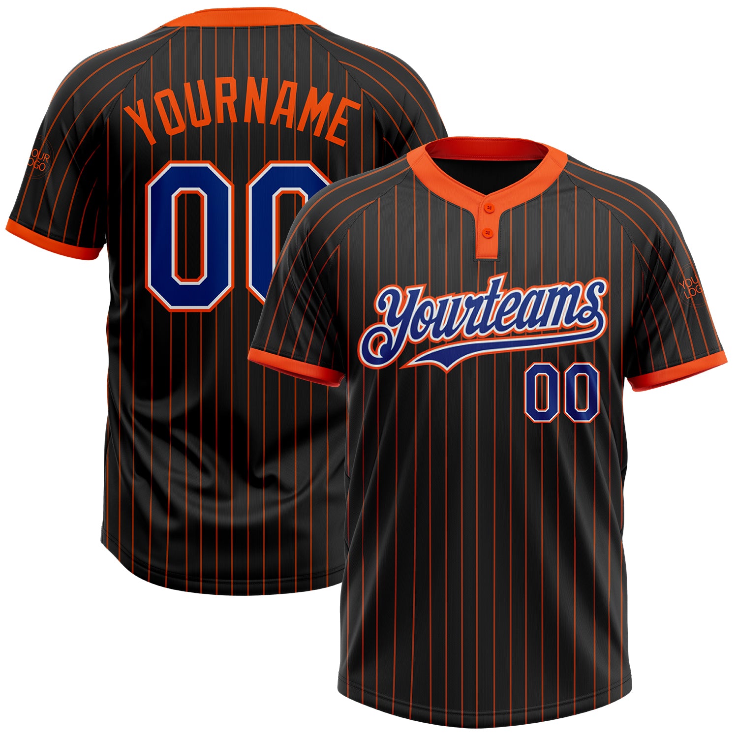 Personalized Black Orange Pinstripe Softball Jersey Unisex Royal White Two-Button Design Personalized Black Orange Pinstripe