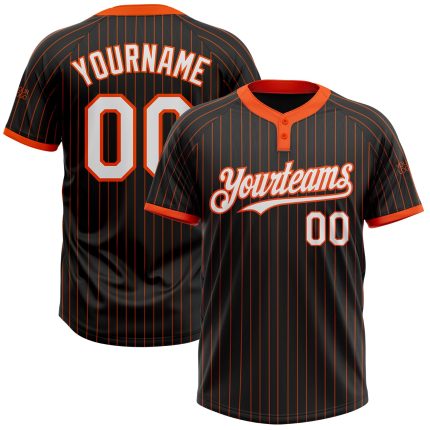 Custom Black and Orange Pinstripe Unisex Softball Jersey - Two-Button Design Personalized Black Orange Pinstripe White Two-Button