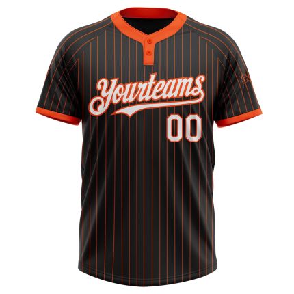 Custom Black and Orange Pinstripe Unisex Softball Jersey - Two-Button Design Personalized Black Orange Pinstripe White Two-Button