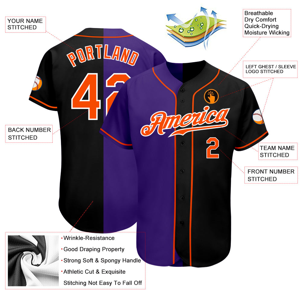 Personalized Black Orange-Purple Split Fashion Baseball Jersey Personalized Fashion Baseball Jersey Black Orange Purple Split Design Personalized Black Orange-Purple Split Fashion Baseball - Image 3