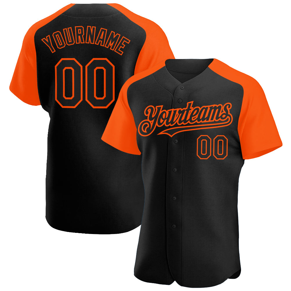 Personalized Black and Orange Baseball Jersey with Raglan Sleeves Personalized Black Orange Raglan Sleeves Baseball Jersey