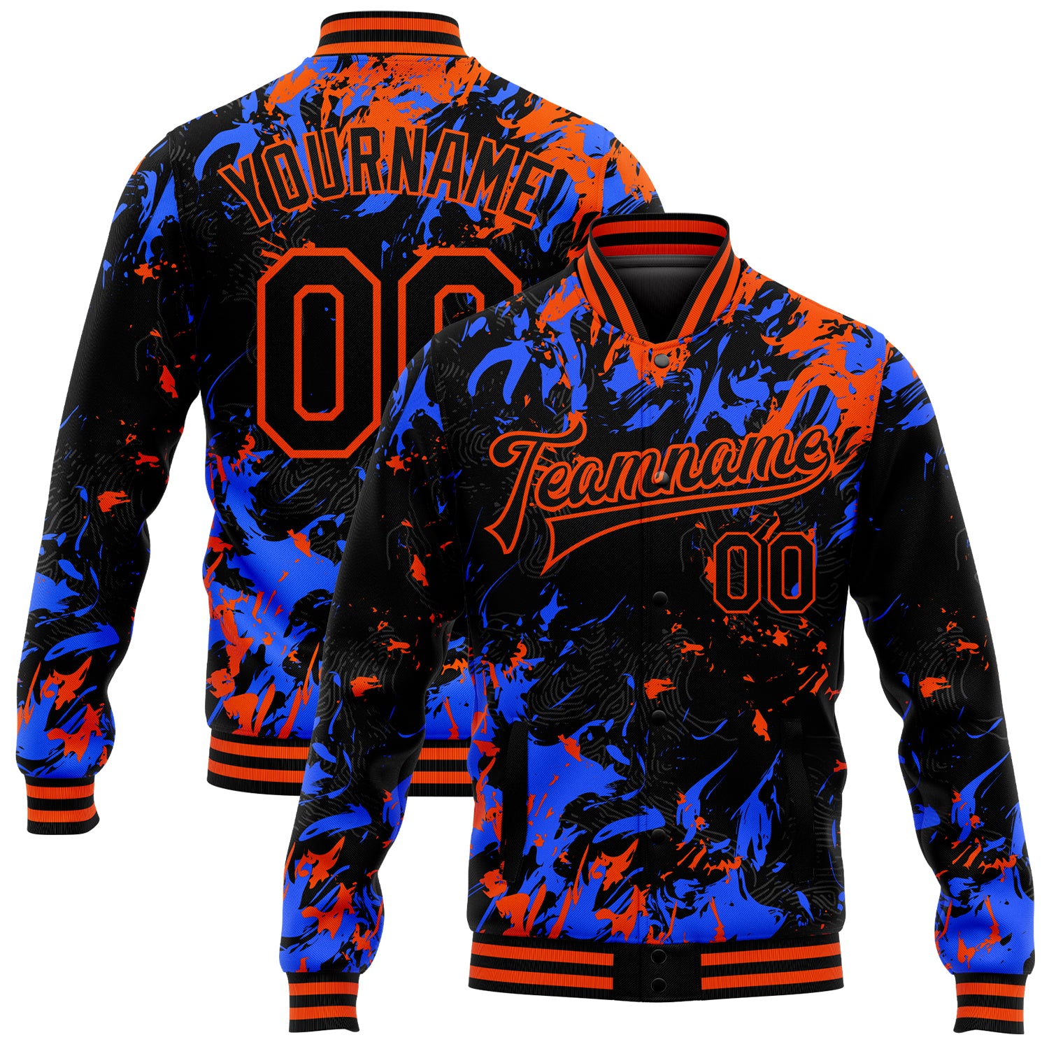 Custom Name and Number 3D Pattern Bomber Varsity Letterman Jacket - Personalized Black Orange-Royal Design Personalized Black