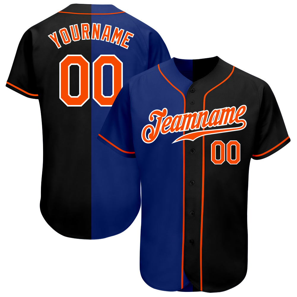 Custom Name and Number Baseball Jersey - Authentic Black Orange-Royal Split Fashion Team Apparel Personalized Black Orange-Royal