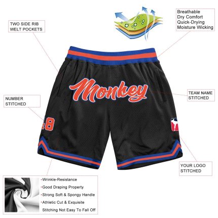 Custom Name Number Basketball Shorts - Personalized Black Orange-Royal Authentic Throwback Style Personalized Black Orange-Royal
