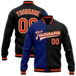 Custom Team Name Number Black Orange-Royal Varsity Letterman Bomber Full-Snap Fashion Jacket Personalized Black Orange-Royal