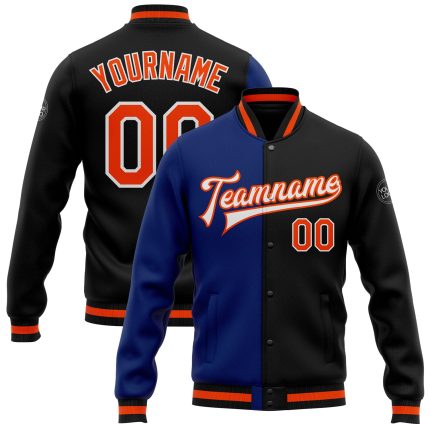 Personalized Varsity Letterman Jacket Black Orange-Royal Bomber Full-Snap Fashion Jacket Personalized Black Orange-Royal