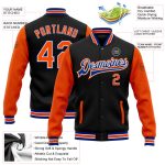 Personalized Varsity Letterman Jacket Black Orange-Royal Two Tone Full-Snap Bomber Personalized Black Orange-Royal Bomber