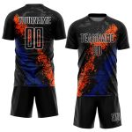 Personalized Soccer Jersey with Black Orange-Royal Dripping Splatter Art - Sublimation Uniform Personalized Black Orange-Royal