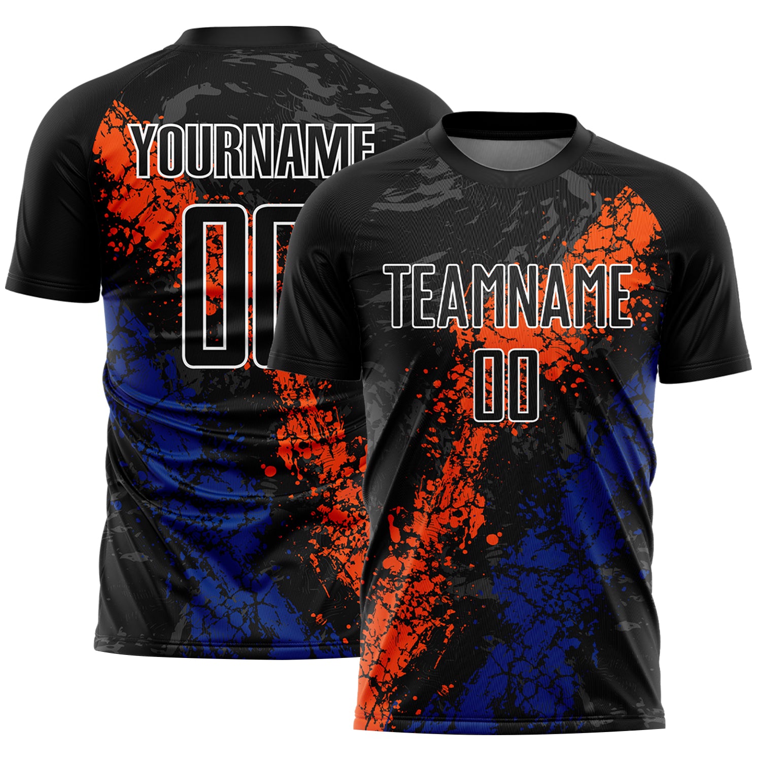 Custom Name and Number Soccer Jersey - Personalized Black Orange-Royal Dripping Splatter Art Uniform Personalized Black Orange-Royal