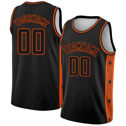 Personalized Basketball Jersey City Edition Abstract Lines Black Orange Side Panel Personalized Black Orange Side Panel Abstract