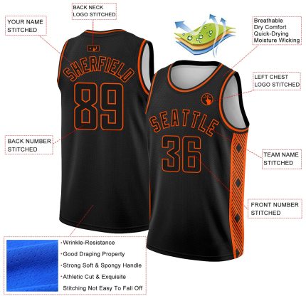 Personalized Basketball Jersey City Edition Abstract Lines Black Orange Side Panel Personalized Black Orange Side Panel Abstract