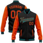 Personalized Two Tone Bomber Jacket Black Orange Teal Full-Snap Varsity Letterman Personalized Black Orange-Teal Bomber Full-Snap