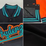 Custom Name Number Varsity Letterman Jacket Personalized Bomber in Black Orange-Teal Two Tone Full-Snap Design Personalized